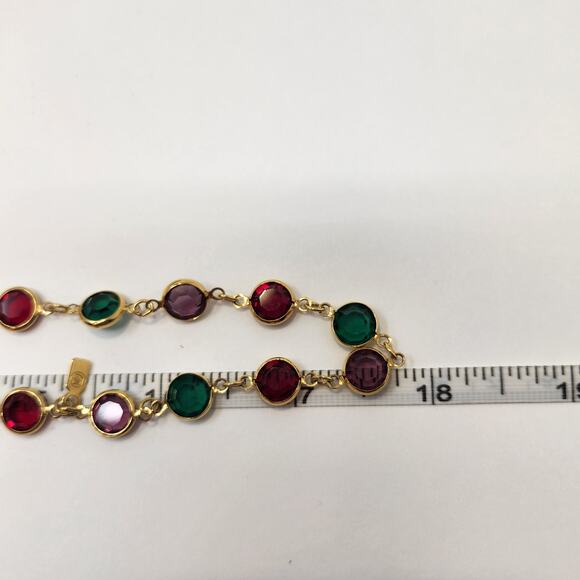 Swarovski Multi Color Crystal Bezel Set Gold Tone Long Necklace Red Green Purple - Picture 5 of 5